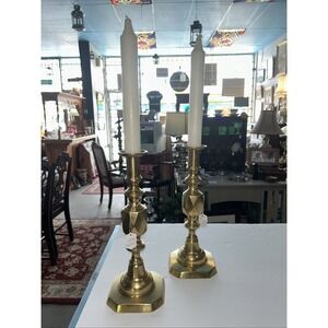 Antique Brass Candlesticks Pair Of Queen Of Diamonds‎